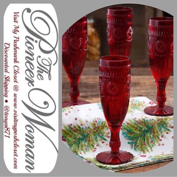 🦋 RARE!! 🦋 New Pioneer Woman Adeline 6-oz Flute, Red, Set of 4 - Picture 3 of 7